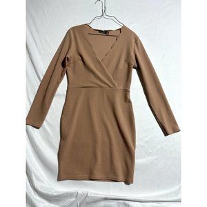 Boohoo Tan Women's Scallop V-Neck Short Dress Long Sleeve Wrap Bodycon Sz US 8